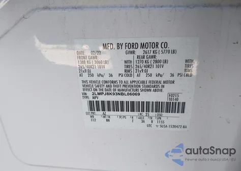 2022 Lincoln Nautilus Reserve z USA, uszkodzony, nr VIN 2LMPJ8K93NBL06069